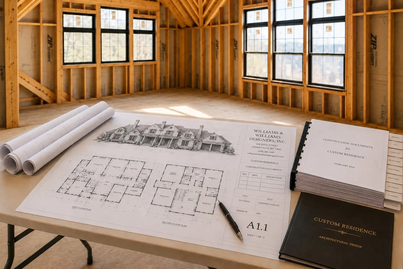 Williams & Williams construction documents and floor plans on a table inside a new home under construction