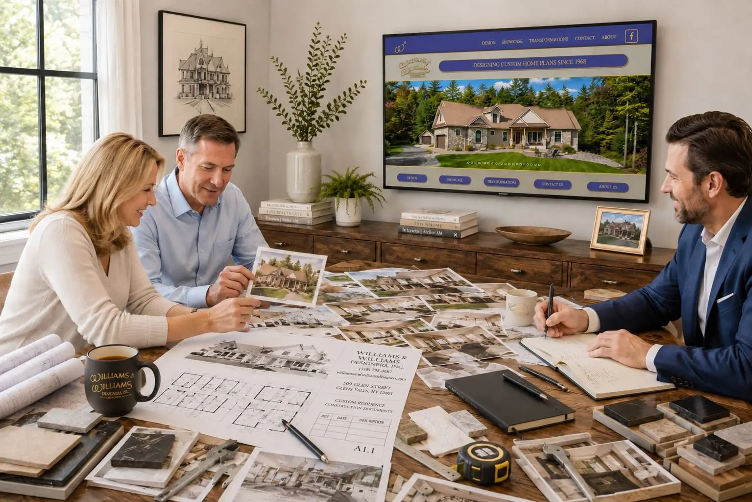 A Williams & Williams designer reviewing house photos, floor plans and material samples with a couple