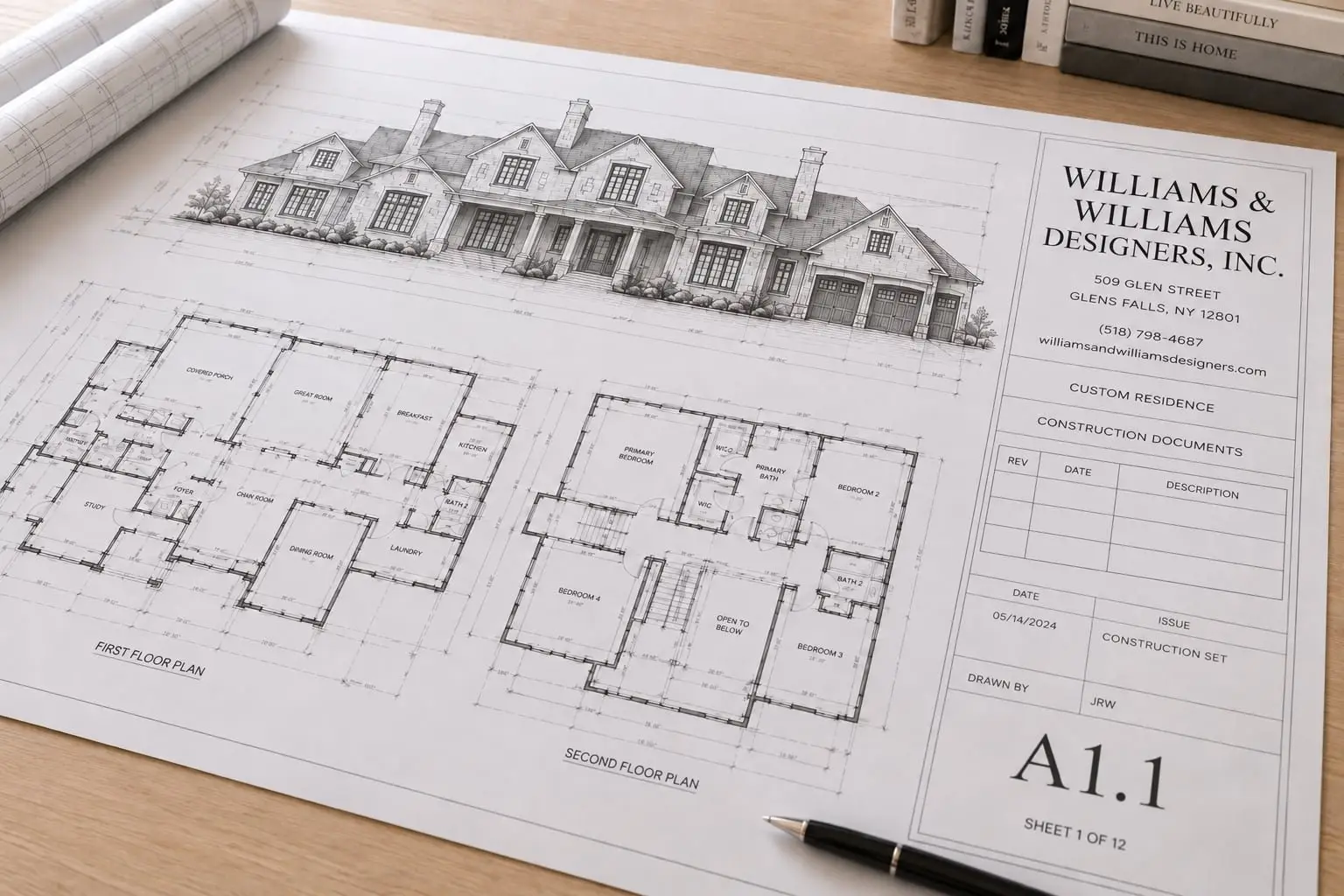 House plan drawing by Williams & Williams Designers showing a home's front elevation and its first- and second-floor plans