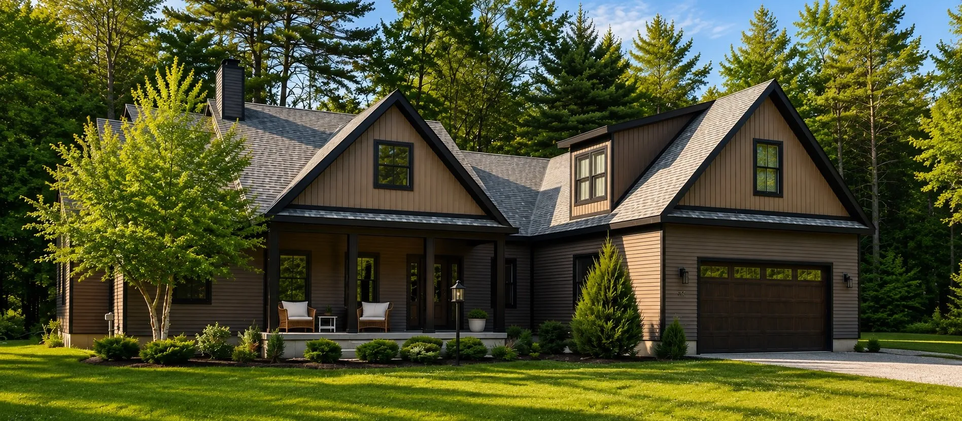 Brown board-and-batten home with a front porch and a two-car garage