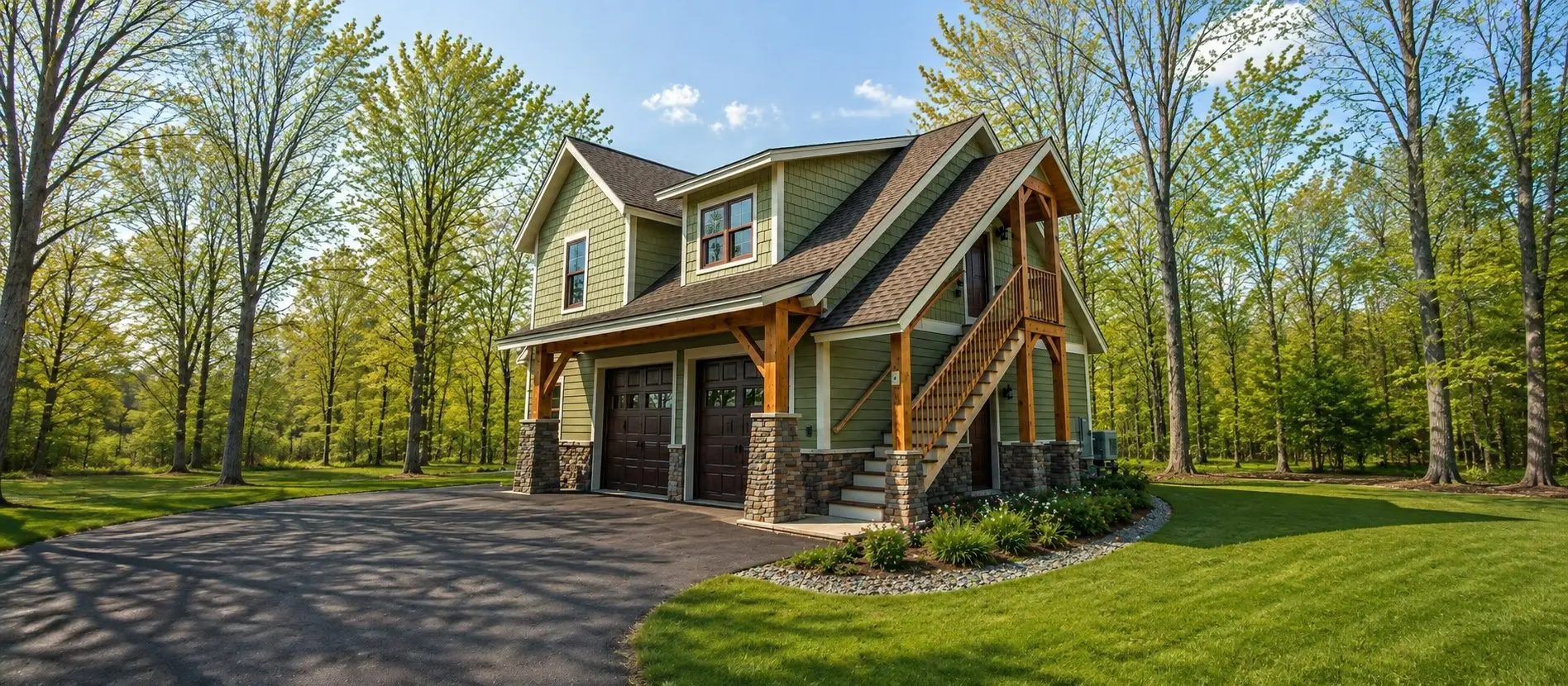 Green garage with an in-law apartment above, reached by an outside timber stair