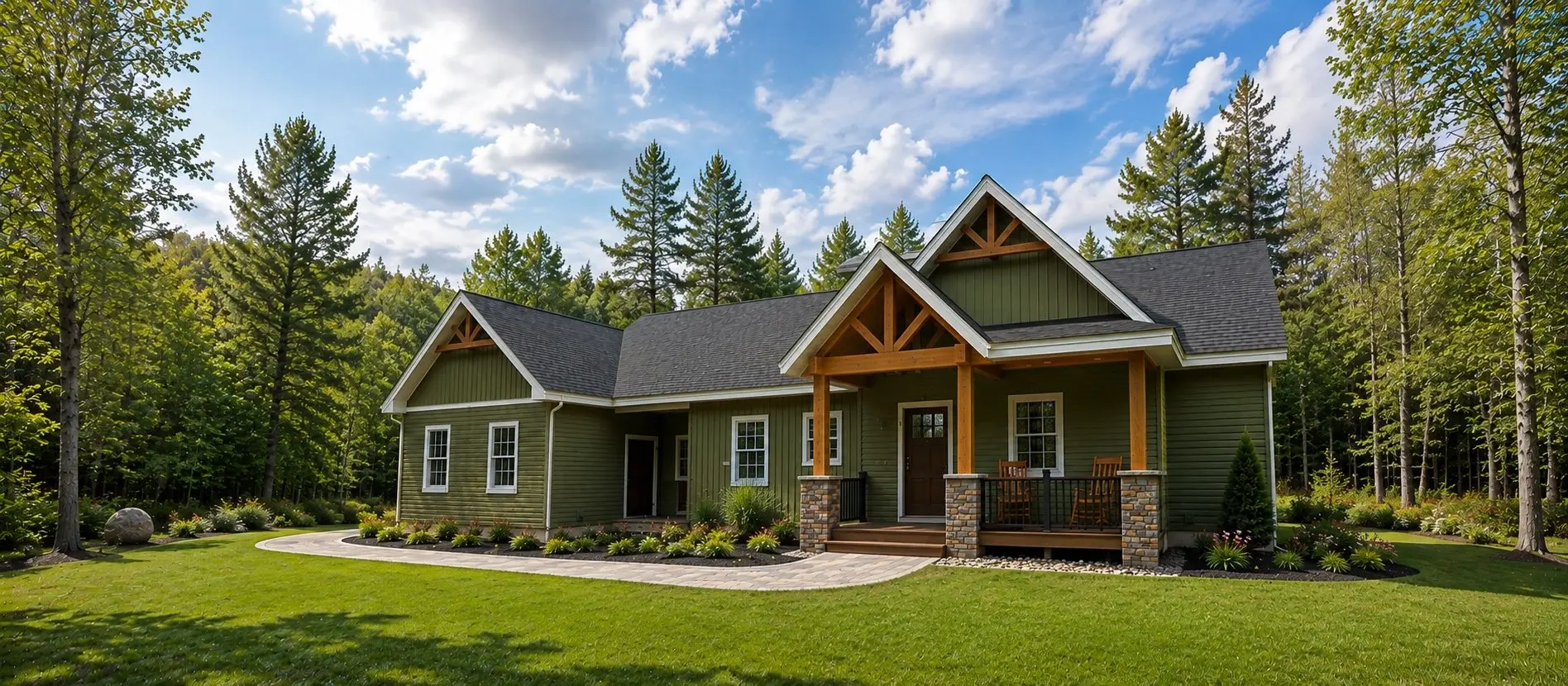 Green-sided ranch home with a timber-framed entry porch