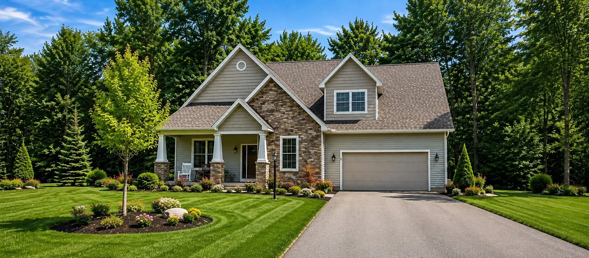 Stone and tan-sided home with a gabled front porch and an attached garage