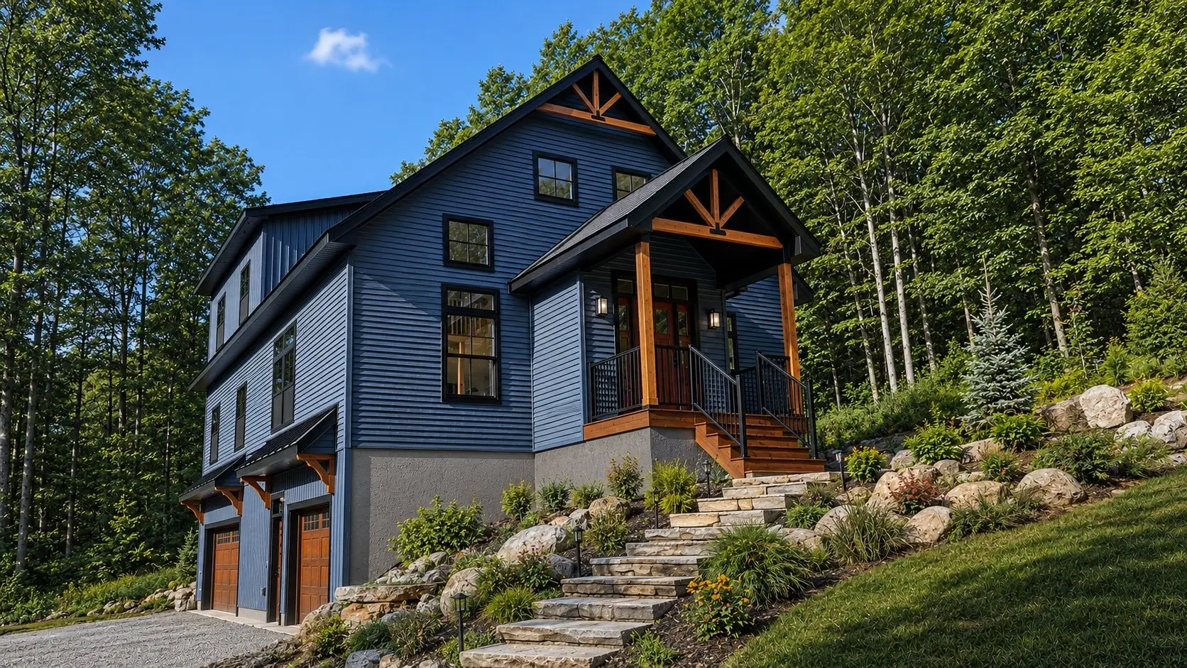Blue three-story home with a timber-framed entry and stone steps up a hillside