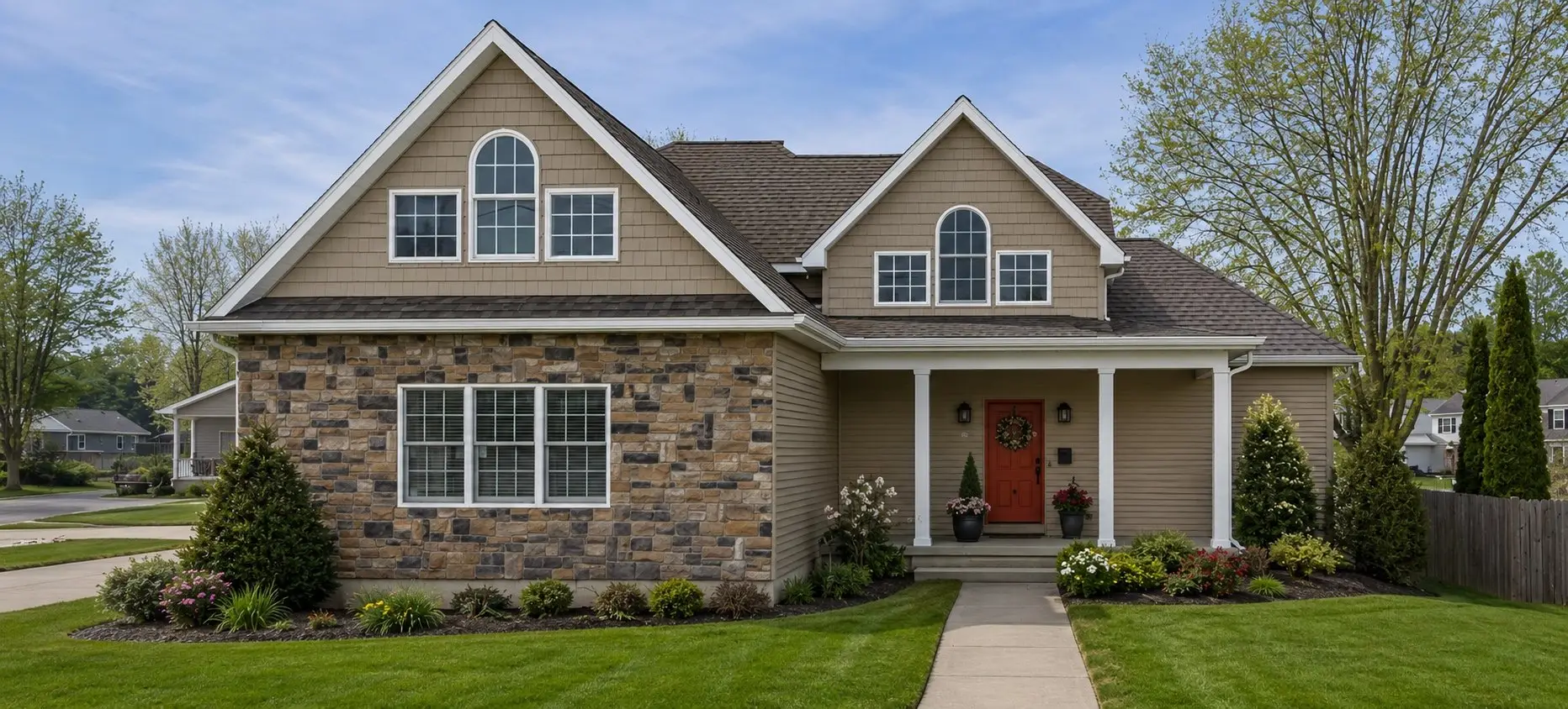 Stone and tan-sided home with arched windows and a red front door