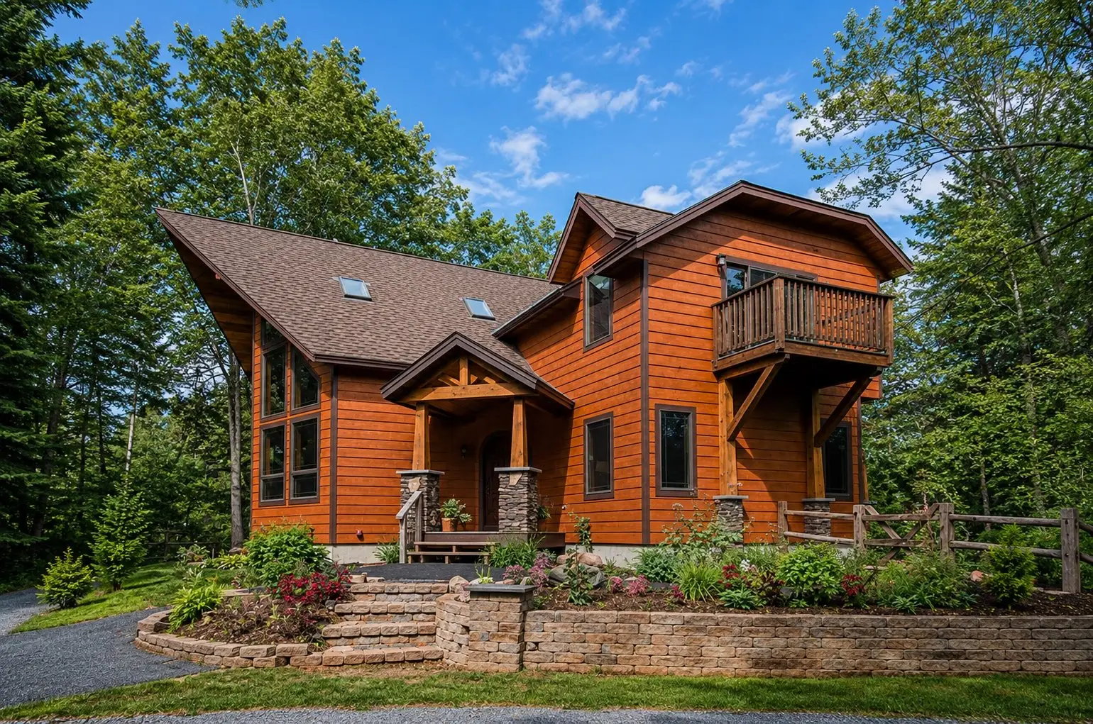 Cedar chalet-style home with a timber entry and a small balcony