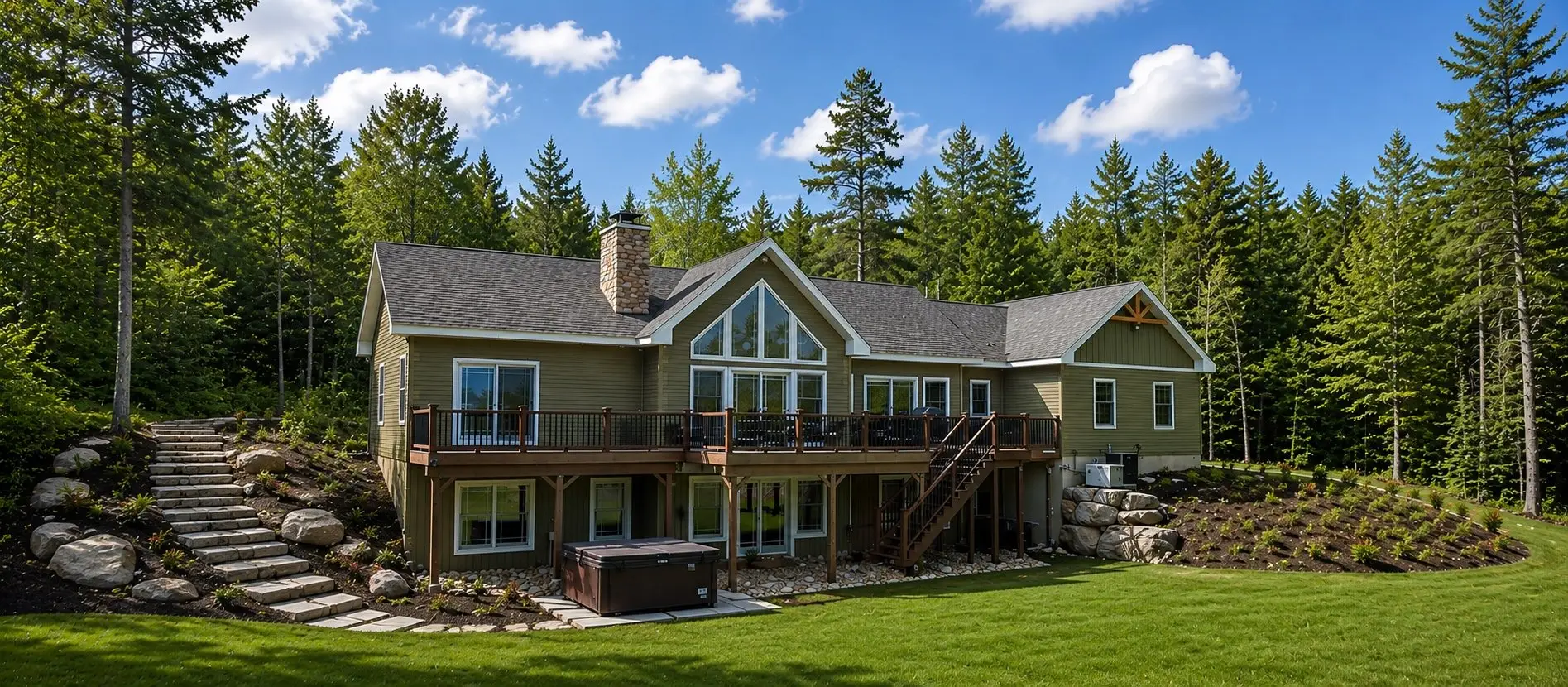 Green-sided home with a deck and stone steps set into a hillside