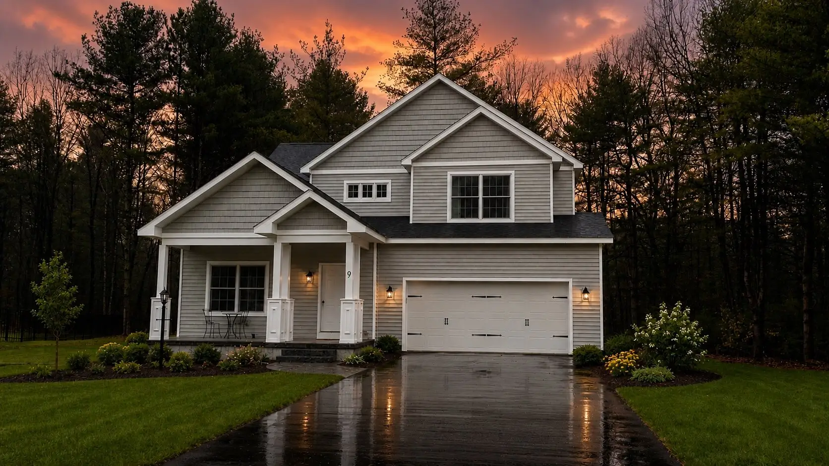 Gray two-story home with a two-car garage at sunset