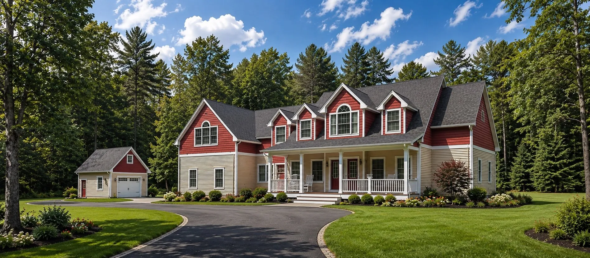 Red and cream two-story home with dormers, a front porch and a detached garage
