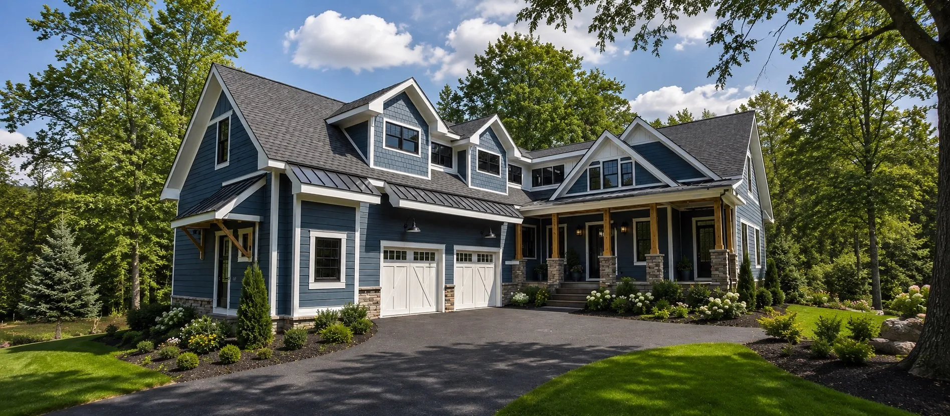 Blue-gray two-story home with white trim, a stone-columned front porch and a two-car garage