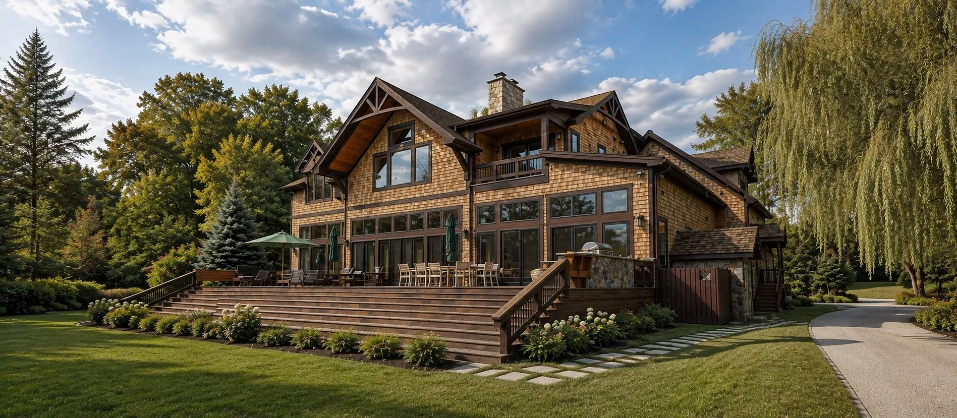 Cedar-shingled home with a wide stone terrace and steps across the back