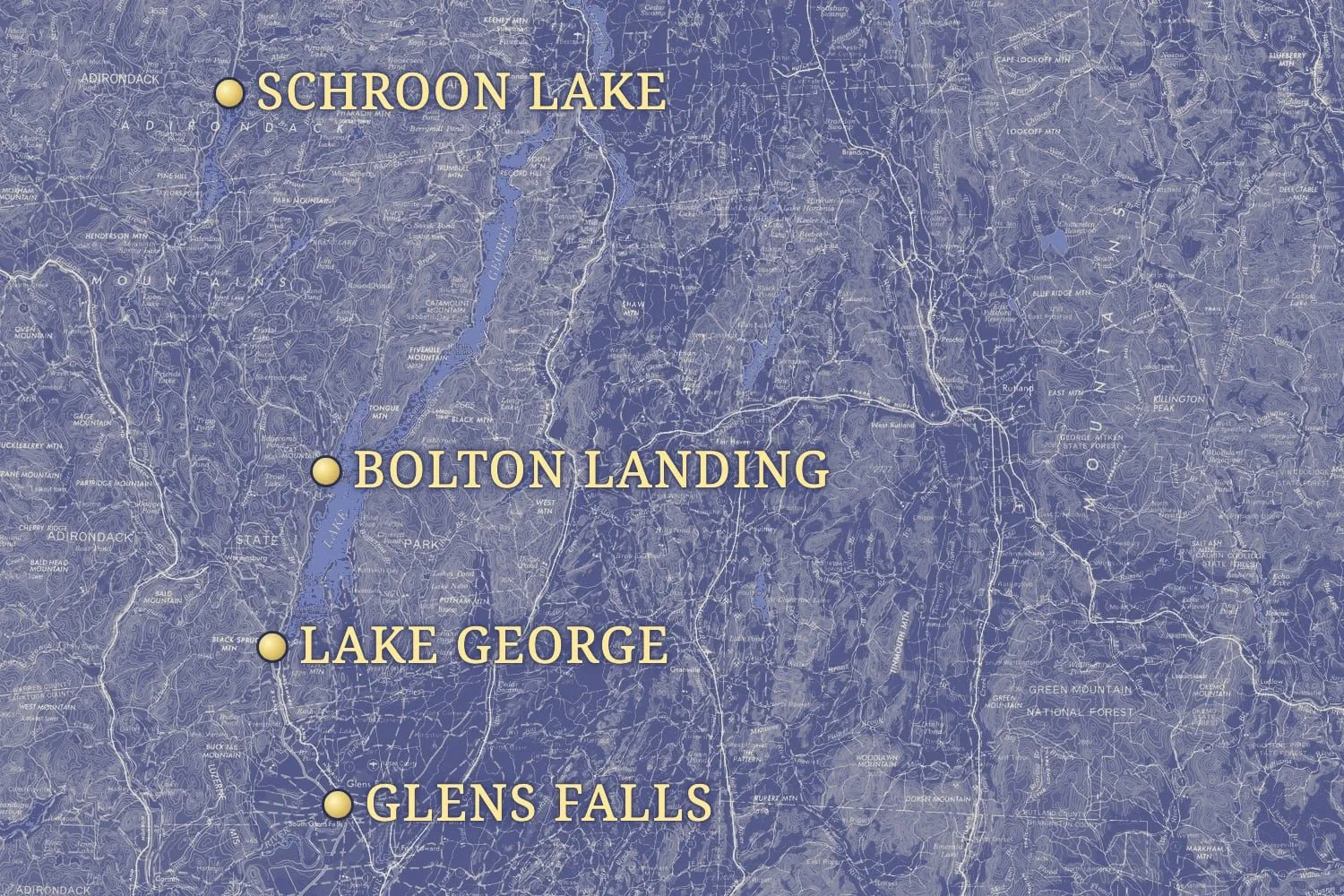 Map of the Lake George region marking Schroon Lake, Bolton Landing, Lake George, and Glens Falls