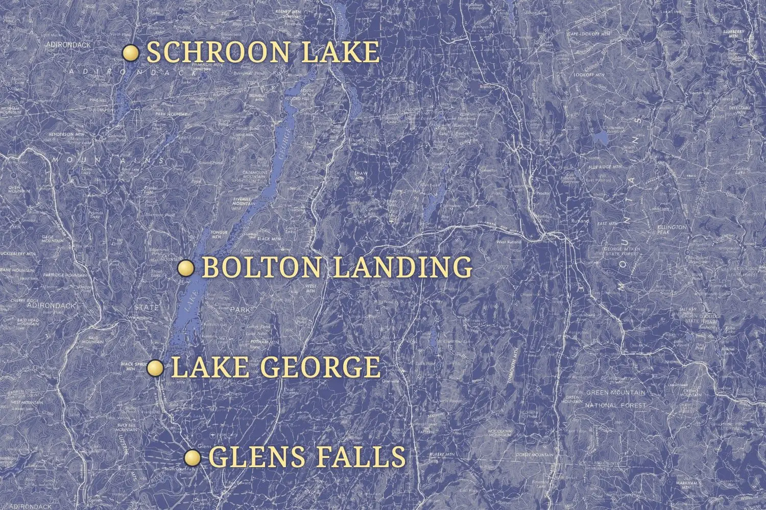 Map of the Lake George region marking Schroon Lake, Bolton Landing, Lake George, and Glens Falls
