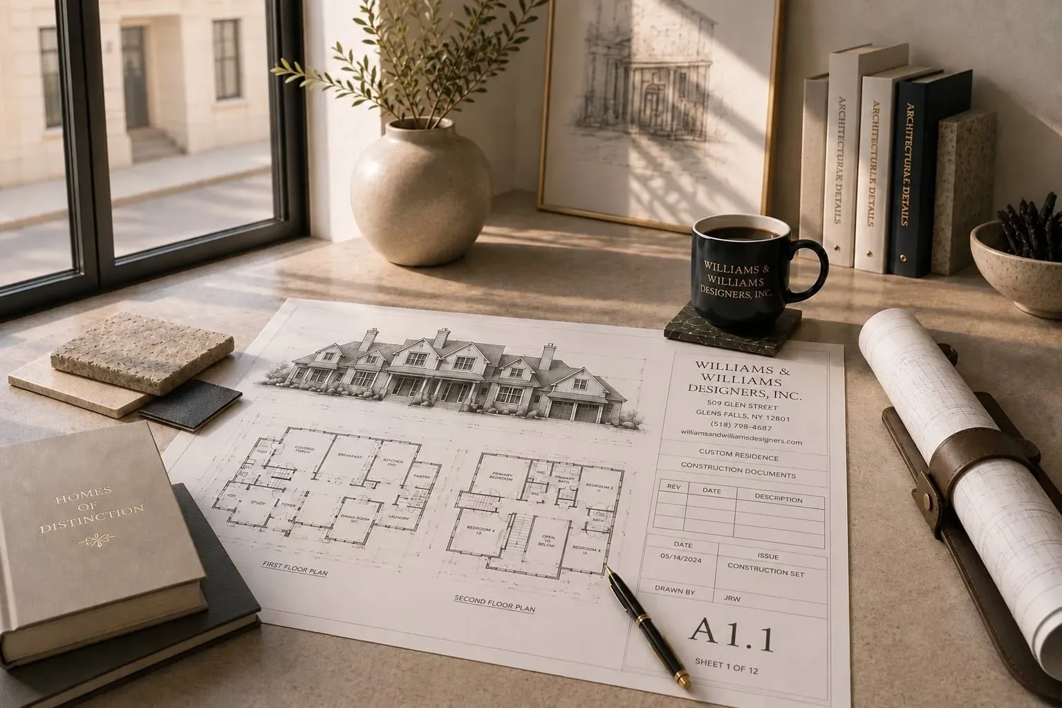 House plans, a coffee mug and material samples on a desk by a window
